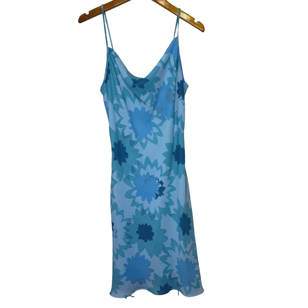 Express Y2K‎ Cowl Neck Floral Print Slip Dress 3/4 Blue